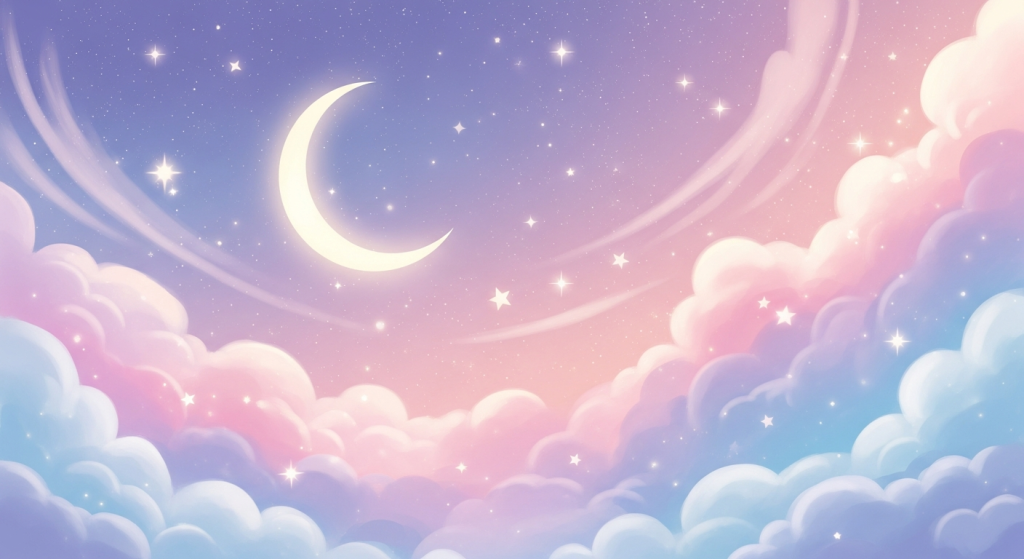Cute pastel moon, stars, and clouds night sky.