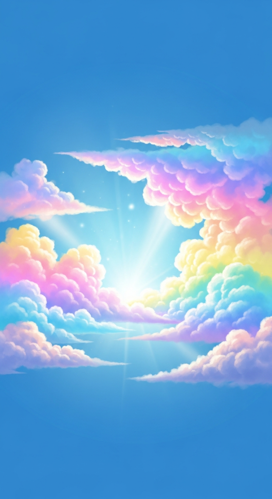 Cute pastel rainbow clouds with sun rays in blue sky