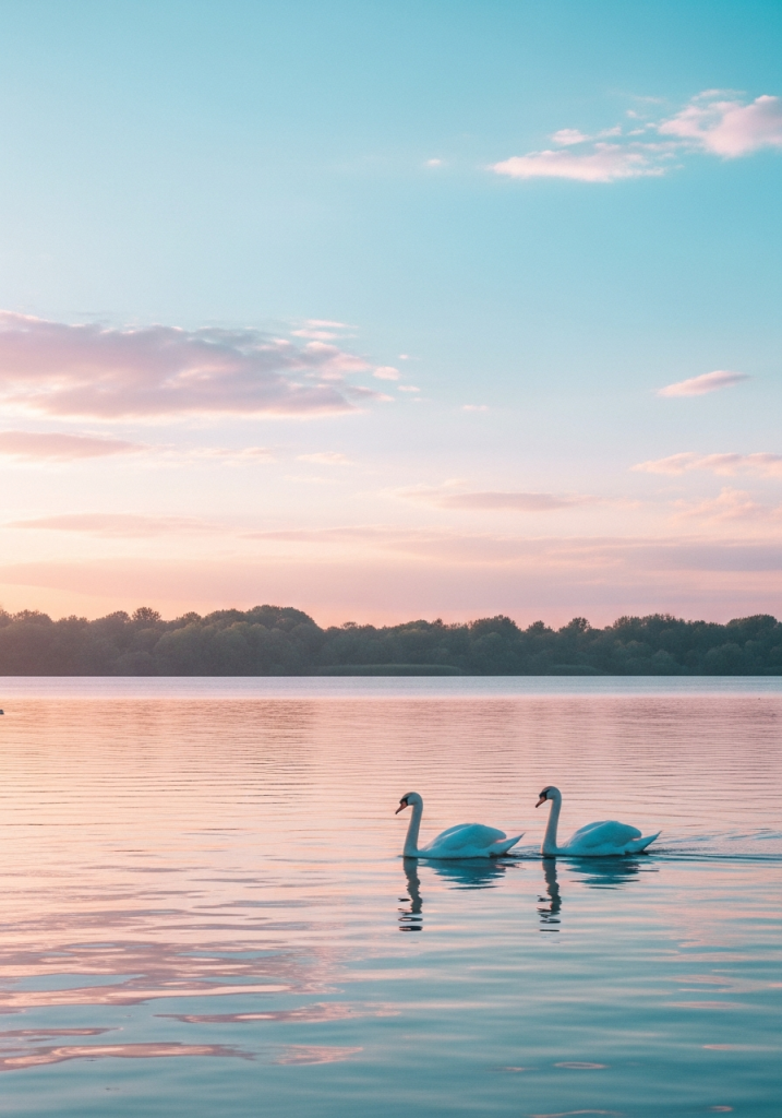 Cute pastel swans on a serene lake at sunset.