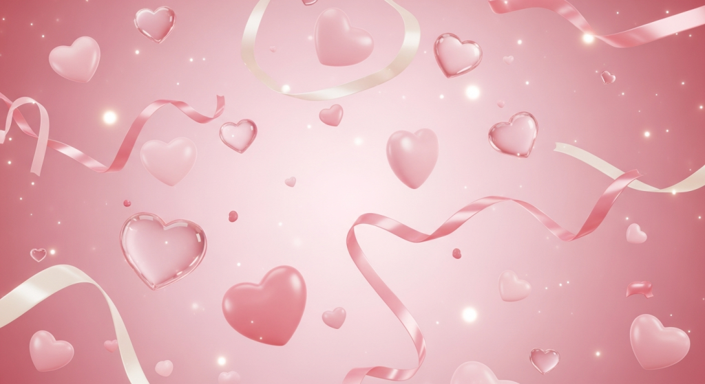Cute pink hearts and ribbons on gradient background.