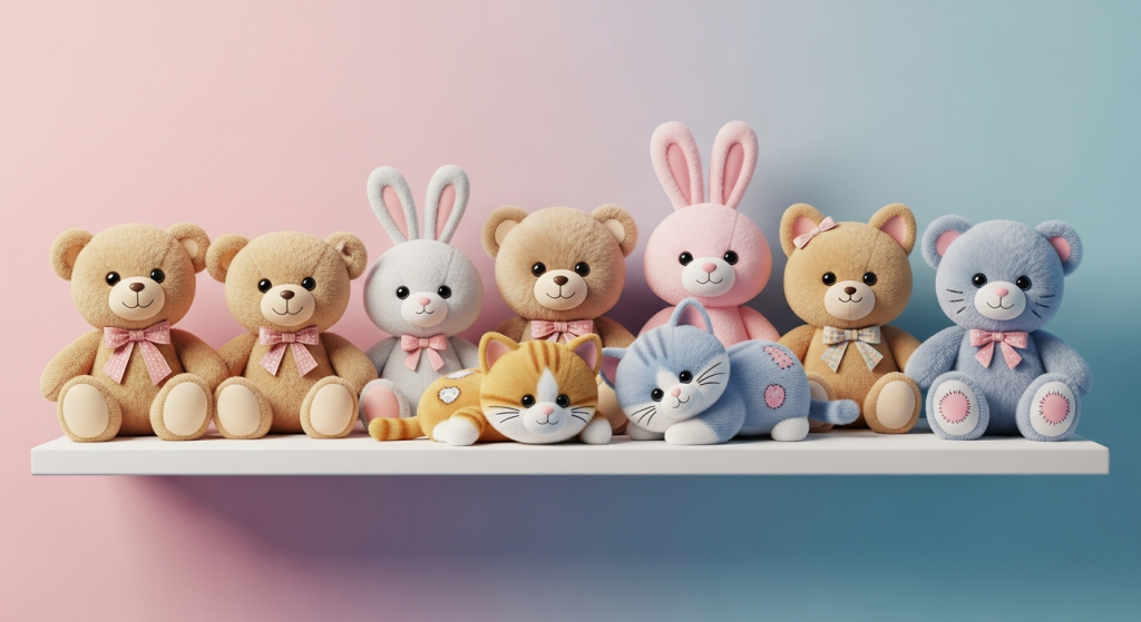 Cute plush bears, bunnies, and cats on shelf.