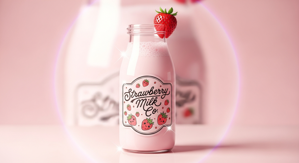 Cute strawberry milk bottle with fresh berry.
