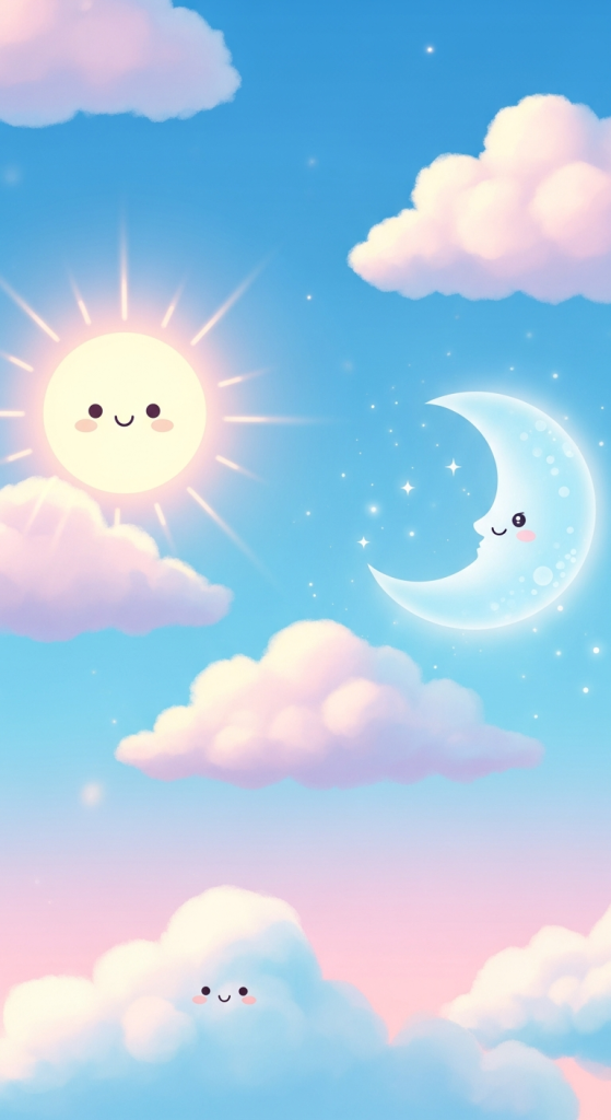 Cute sun and moon with smiling faces among pastel clouds.