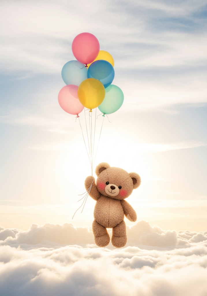 Cute teddy bear floating with balloons above clouds.