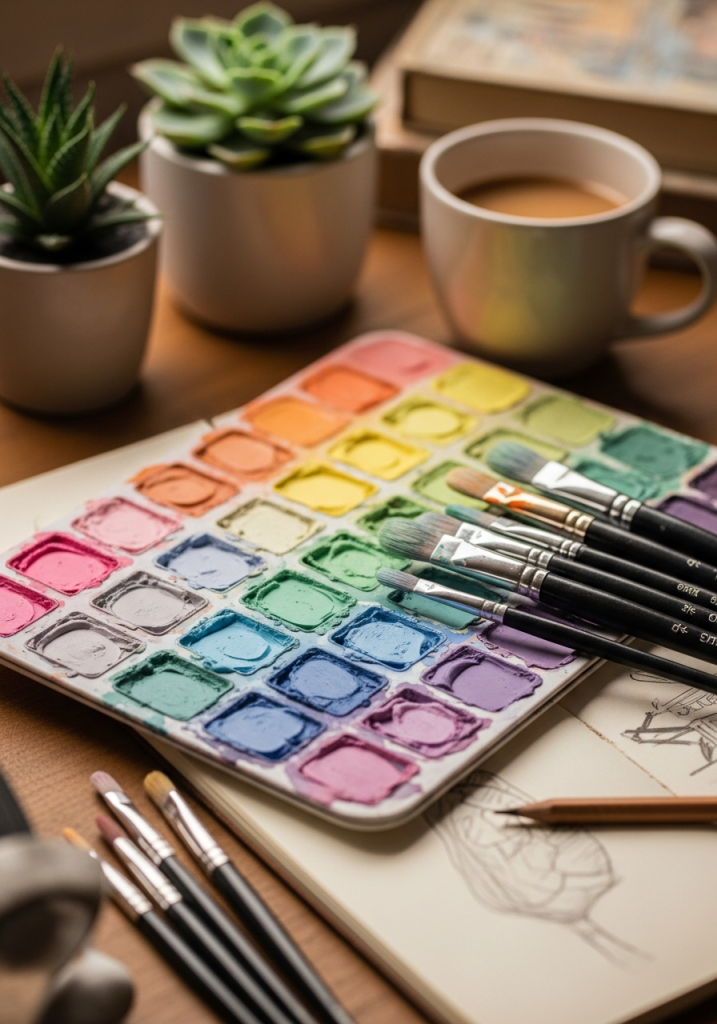 Cute watercolor palette with brushes, coffee, plants.